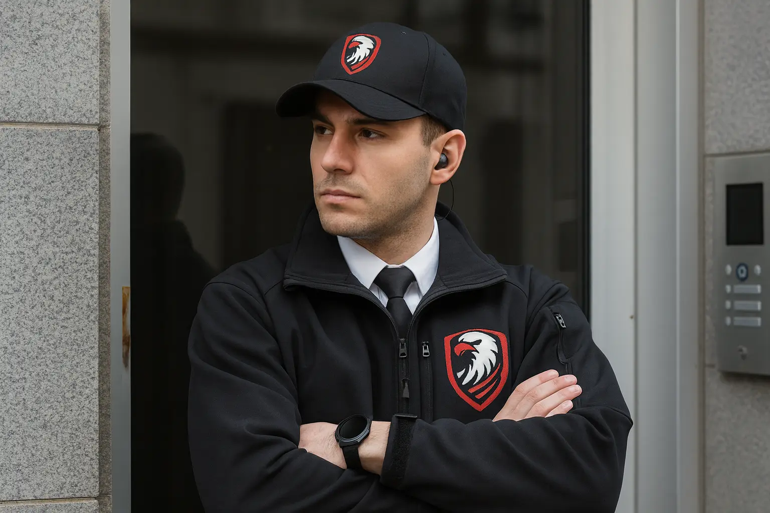 Two professional security guards standing outside a building